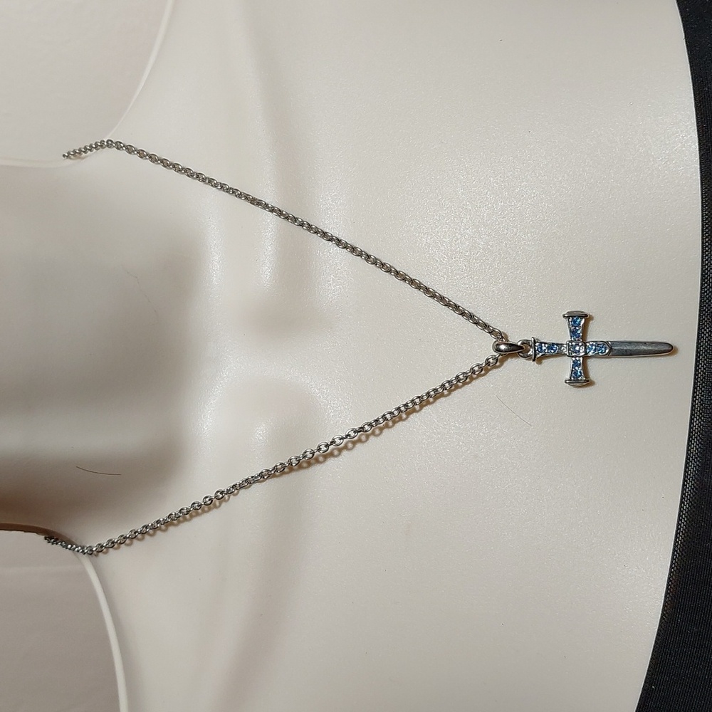 SOLD Blue Rhinestone Nail Shaped Cross Pendant Silver Tone Necklace - Picture 1 of 5